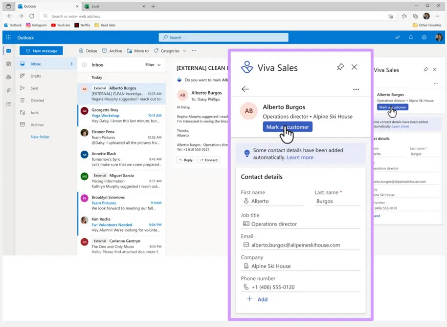 Example of Microsoft Viva Sales - mark a customer from Outlook
